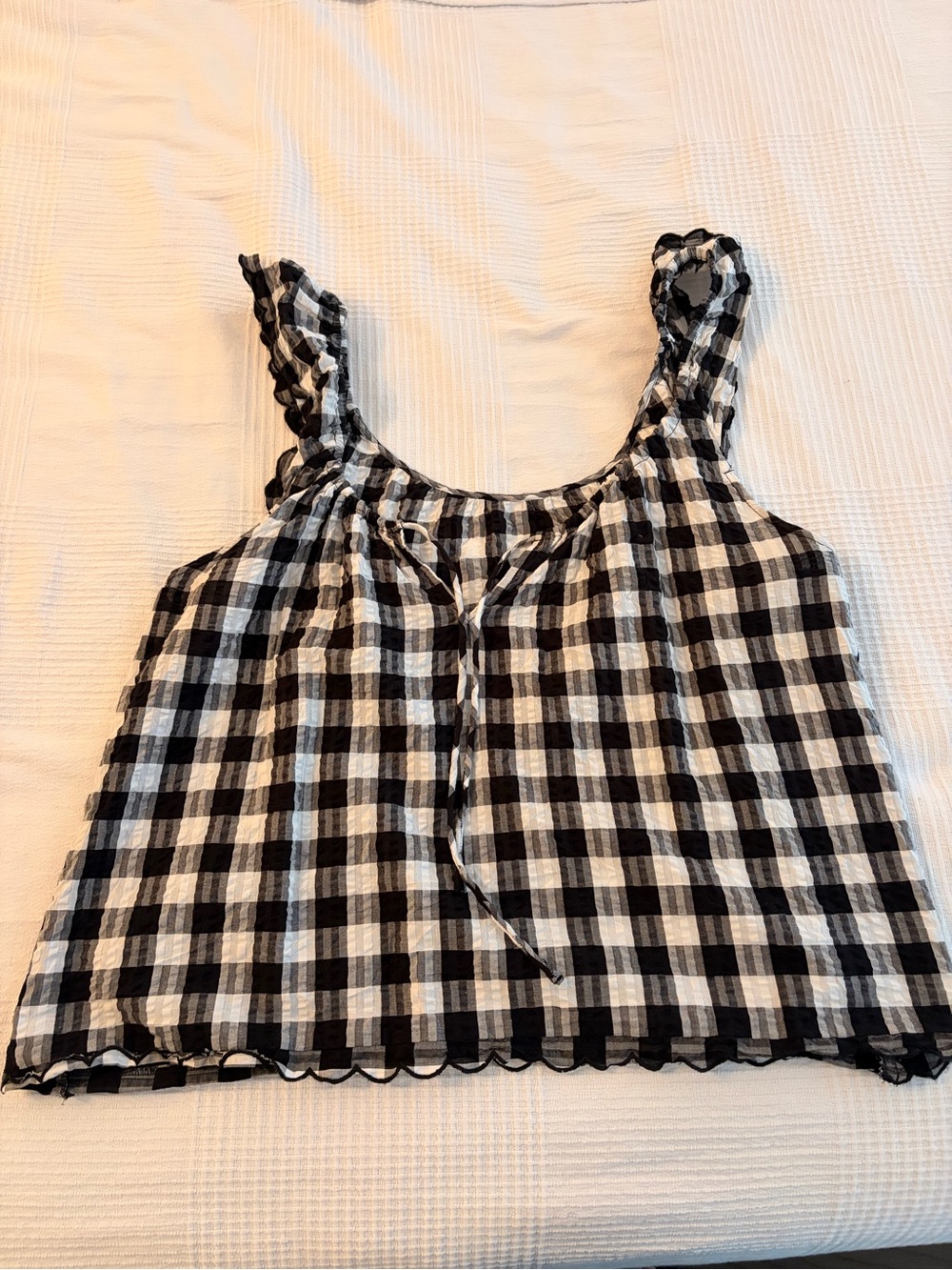 Black & White Gingham Ruffle-Shoulder Tie-Front Tank